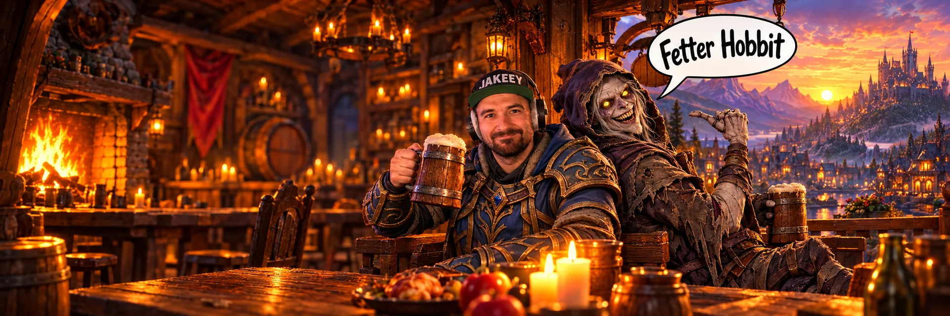 JakeeY with a beer mug in a fantasy tavern