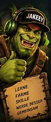 Orc mascot with a JakeeY cap: learn, farm, level up, get better – together